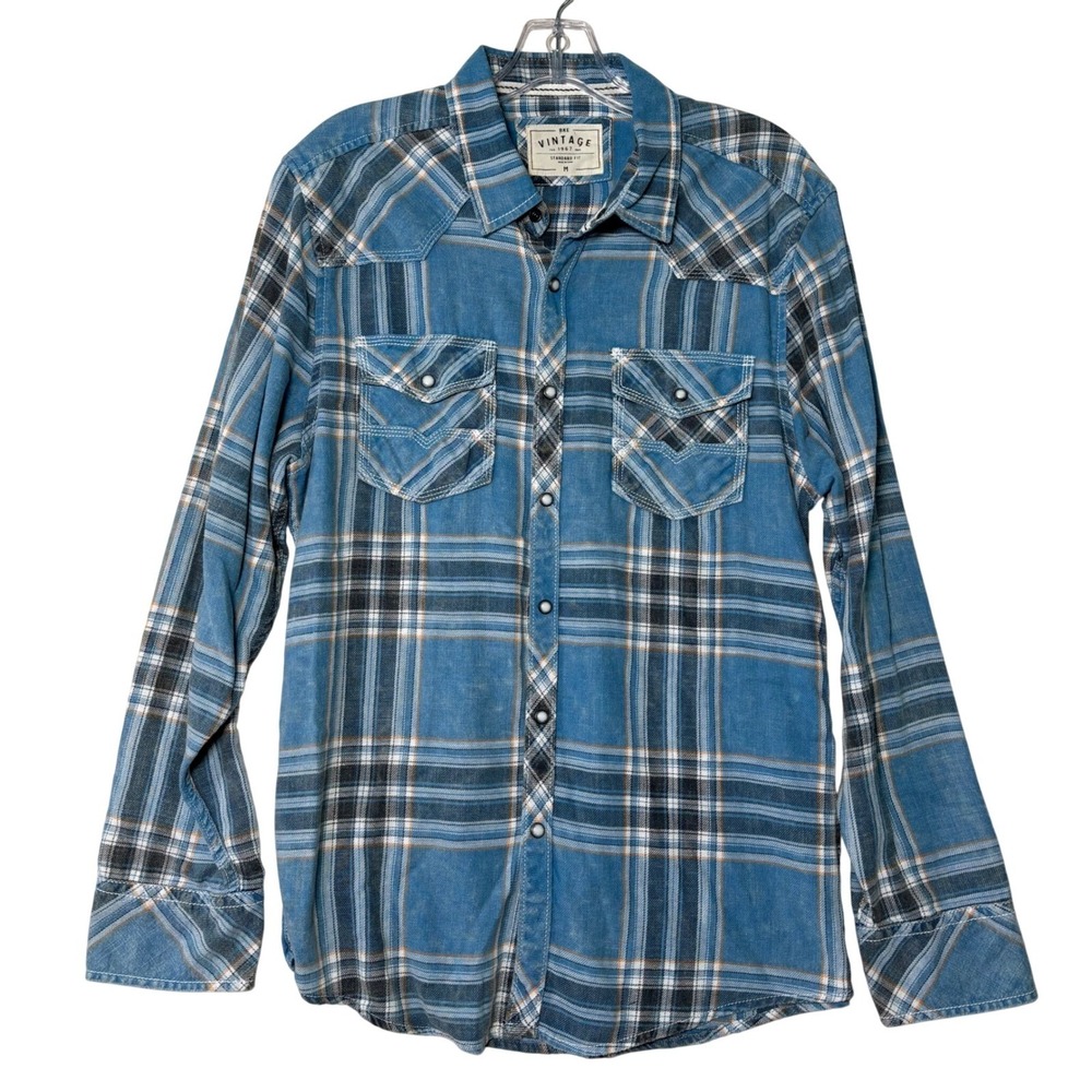 BKE Vintage Mens Medium Soft Blue Plaid Western Pearl Snap Shirt Long Sleeve